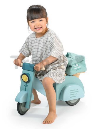Drevené odrážadlo Donáška jedla Delivery Scooter Tender Leaf Toys s gumenými kolesami a plátená taška od 24 mes