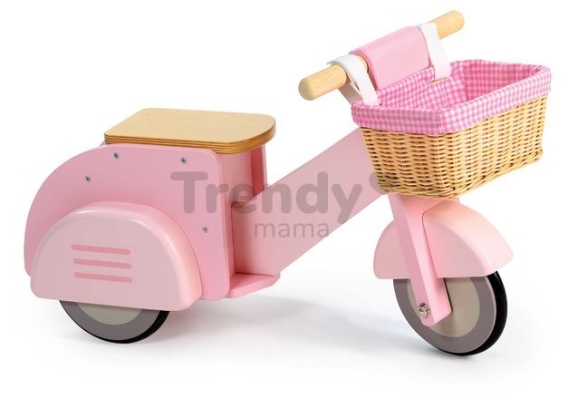 Drevené odrážadlo s prúteným košíkom Scooter with Basket Tender Leaf Toys ružové s gumenými kolesami od 24 mes