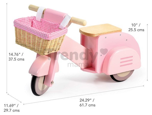 Drevené odrážadlo s prúteným košíkom Scooter with Basket Tender Leaf Toys ružové s gumenými kolesami od 24 mes