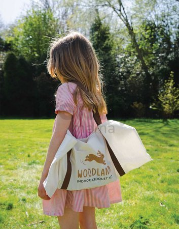 Drevená sada na kroket Woodland Indoor Croquet Set Tender Leaf Toys 2 palice s loptičkami a 6 bránok v tvare zvieratiek v plátenej taške