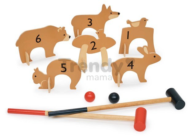 Drevená sada na kroket Woodland Indoor Croquet Set Tender Leaf Toys 2 palice s loptičkami a 6 bránok v tvare zvieratiek v plátenej taške