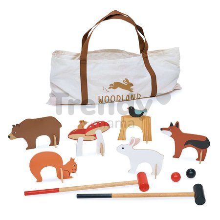 Drevená sada na kroket Woodland Indoor Croquet Set Tender Leaf Toys 2 palice s loptičkami a 6 bránok v tvare zvieratiek v plátenej taške