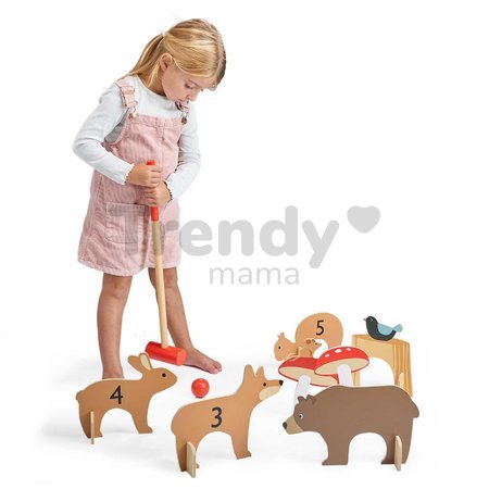 Drevená sada na kroket Woodland Indoor Croquet Set Tender Leaf Toys 2 palice s loptičkami a 6 bránok v tvare zvieratiek v plátenej taške