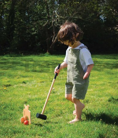Drevená sada na kroket Woodland Indoor Croquet Set Tender Leaf Toys 2 palice s loptičkami a 6 bránok v tvare zvieratiek v plátenej taške