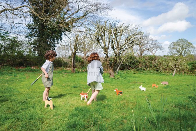Drevená sada na kroket Woodland Indoor Croquet Set Tender Leaf Toys 2 palice s loptičkami a 6 bránok v tvare zvieratiek v plátenej taške