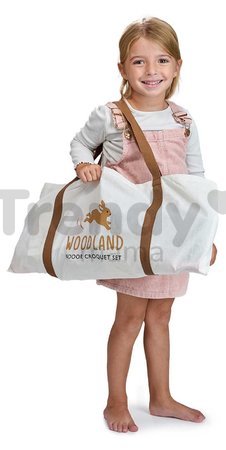 Drevená sada na kroket Woodland Indoor Croquet Set Tender Leaf Toys 2 palice s loptičkami a 6 bránok v tvare zvieratiek v plátenej taške
