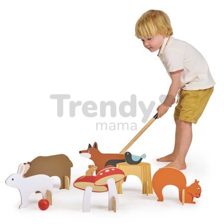 Drevená sada na kroket Woodland Indoor Croquet Set Tender Leaf Toys 2 palice s loptičkami a 6 bránok v tvare zvieratiek v plátenej taške