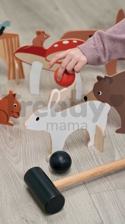 Drevená sada na kroket Woodland Indoor Croquet Set Tender Leaf Toys 2 palice s loptičkami a 6 bránok v tvare zvieratiek v plátenej taške
