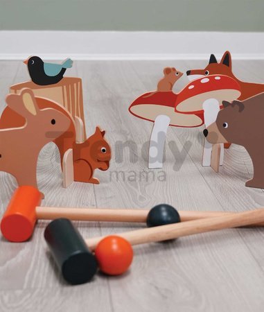 Drevená sada na kroket Woodland Indoor Croquet Set Tender Leaf Toys 2 palice s loptičkami a 6 bránok v tvare zvieratiek v plátenej taške