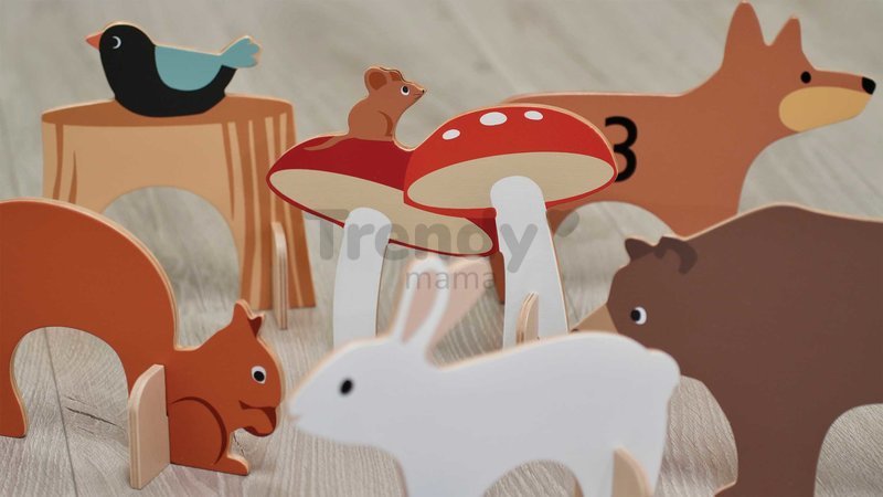 Drevená sada na kroket Woodland Indoor Croquet Set Tender Leaf Toys 2 palice s loptičkami a 6 bránok v tvare zvieratiek v plátenej taške