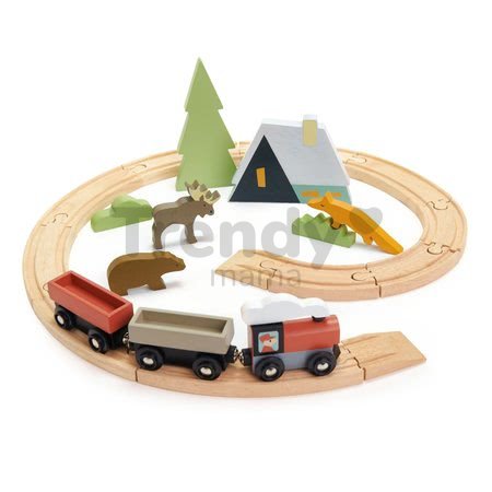 Drevená vláčikodráha v horách Treetops Train Set Tender Leaf Toys s vlakom zvieratkami a chatou