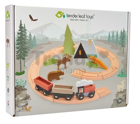 Drevená vláčikodráha v horách Treetops Train Set Tender Leaf Toys s vlakom zvieratkami a chatou