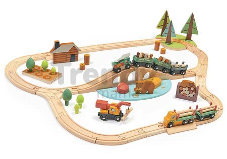 Drevená vláčikodráha v borovicovom lese Wild Pines Train set Tender Leaf Toys s vlakom a autami zvieratká s prírodou