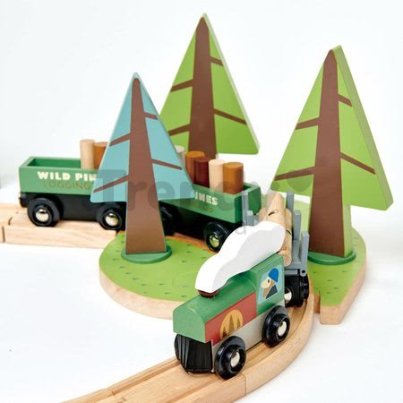 Drevená vláčikodráha v borovicovom lese Wild Pines Train set Tender Leaf Toys s vlakom a autami zvieratká s prírodou