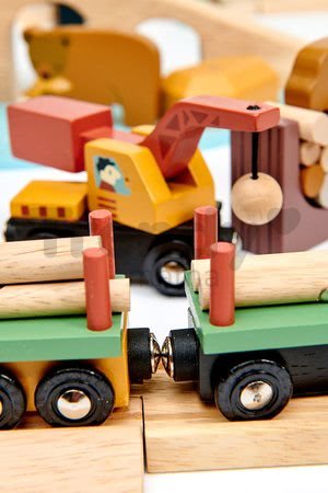 Drevená vláčikodráha v borovicovom lese Wild Pines Train set Tender Leaf Toys s vlakom a autami zvieratká s prírodou