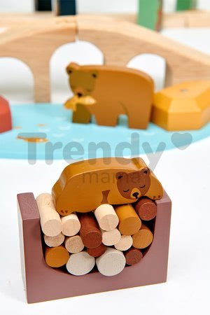 Drevená vláčikodráha v borovicovom lese Wild Pines Train set Tender Leaf Toys s vlakom a autami zvieratká s prírodou
