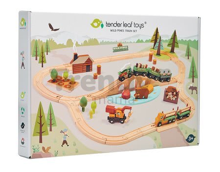Drevená vláčikodráha v borovicovom lese Wild Pines Train set Tender Leaf Toys s vlakom a autami zvieratká s prírodou