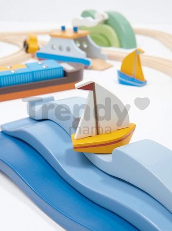 Drevená vláčikodráha vysokohorská Mountain View Train Set Tender Leaf Toys cesta okolo sveta cez mesta a hory 58 dielov a doplnky