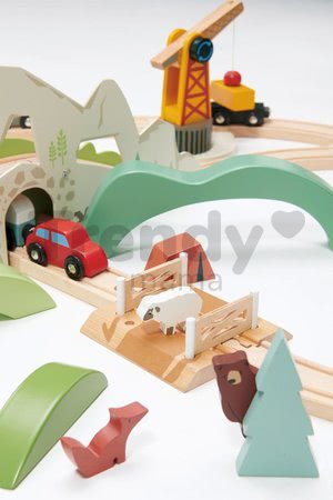 Drevená vláčikodráha vysokohorská Mountain View Train Set Tender Leaf Toys cesta okolo sveta cez mesta a hory 58 dielov a doplnky