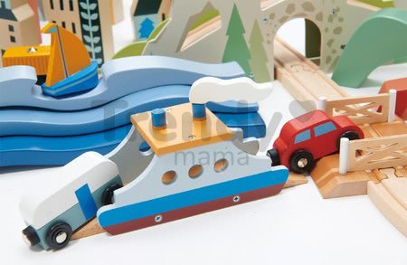 Drevená vláčikodráha vysokohorská Mountain View Train Set Tender Leaf Toys cesta okolo sveta cez mesta a hory 58 dielov a doplnky
