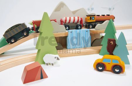 Drevená vláčikodráha vysokohorská Mountain View Train Set Tender Leaf Toys cesta okolo sveta cez mesta a hory 58 dielov a doplnky