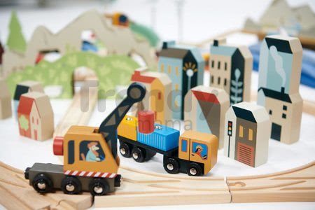 Drevená vláčikodráha vysokohorská Mountain View Train Set Tender Leaf Toys cesta okolo sveta cez mesta a hory 58 dielov a doplnky