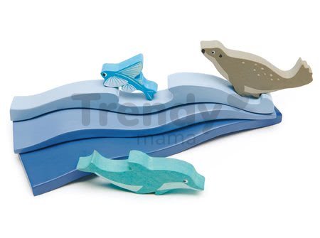 Drevený oceán Blue Water Tender Leaf Toys s troma vlnami a loďkou