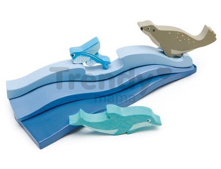 Drevený oceán Blue Water Tender Leaf Toys s troma vlnami a loďkou