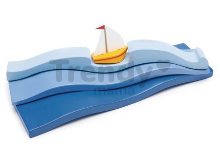 Drevený oceán Blue Water Tender Leaf Toys s troma vlnami a loďkou
