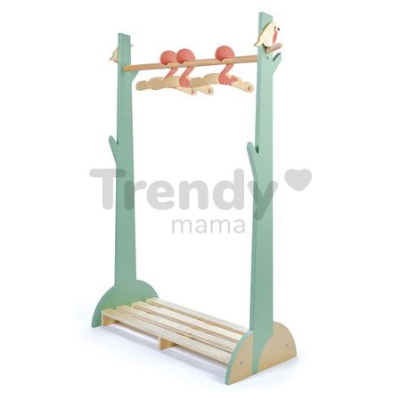 Drevený detský šatník Forest Clothes Rail Tender Leaf Toys s 3 vešiakmi a vtáčikmi