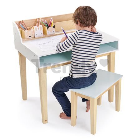 Drevený stôl so stoličkou Desk and Chair Tender Leaf Toys s úložným priestorom a 3 odkladacie nádobky so zvieratkami