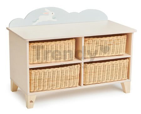 Drevená skrinka so zajačikom Bunny Storage Unit Tender Leaf Toys so 4 odkladacími košmi z úpletu