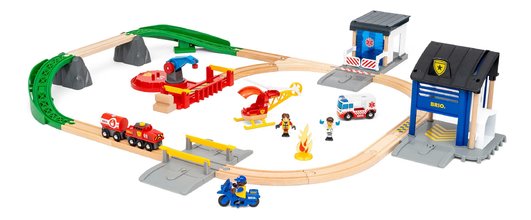 Drevená vláčikodráha so záchranárským tímom Rescue Team Train Set BRIO 38 dielov sanitka so zvukom a svetlom a policajné autíčko so stanicou a 3 figúr