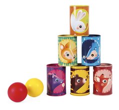 Hra pre deti plechovky Les Forest Tumbling Cans Janod 6 plechoviek a 2 loptičky J03206