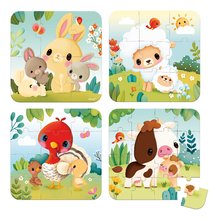 Puzzle v kufríku Zvieratká z farmy 4v1 Animal Progressive Puzzle Janod 6-9-12-16 dielov od 24 mes J03319