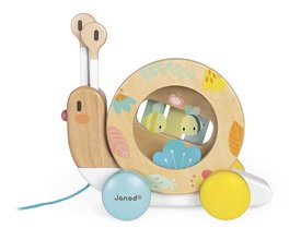 Fa húzható csiga Pull-Along Snail Pure Janod zsinórral dobbal és xilofonnal 12 hó-tól J05159
