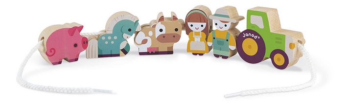 Drevená reťaz prevliekačka Farma Stringable Farm Theme Beads Janod 11 drevených dielikov a 2 šnúrky od 24 mes J05315