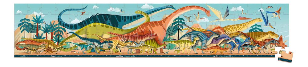 Puzzle v kufríku Dinosaury Dino Panoramic Puzzle Janod panoramatické 100 dielov od 6 rokov J05831
