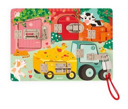 Drevená motorická doska The Farm Padlocks Board Janod 5 dverí so zámkami J07119