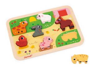Drevené vkladacie puzzle pre najmenších Farma Chunky Puzzle Janod 7 dielov od 18 mes J07121