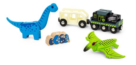 Vláčik elektronický s nákladným vozňom Dinosaur Battery Train BRIO so svetlom pohybom a 2 figúrky dinosaurov s magnetmi od 3 rokov BRIO0967