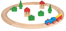 Drevená vláčikodráha Wooden Toy Eichhorn s doplnkami domčeky a stromy 20 dielov