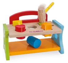 Jucărie din lemn cu ciocan și cuburi Hammering Bench Eichhorn și 5 forme diferite colorate cu 7 piese de la 12 luni