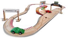 Drevená autodráha Porsche Racing Set Eichhorn s pit stopom a 2 pretekárskymi autami 350 cm dĺžka 31 dielov
