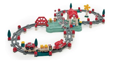 Építőjáték vonat síneken dobozban Abrick Écoiffier 2 figura és 2 jármű 140 részes 18 hó-tól