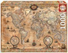 EDUCA 15159 Puzzle Genuine Antique Harta Lumii 1000 bucăţi +  Fix Puzzle lipici