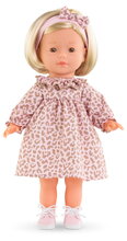 Bábika Candice Ma Corolle krátke blond vlasy a hnedé žmurkajúce oči v ružových vzorovaných šatách 36 cm