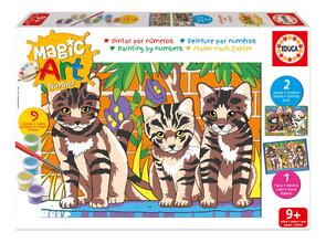Malování podle čísel Štěňátka a kočičky Magic Art Number Cats & Dogs Educa 2 obrázky s rámečkem a 9 barev se štětcem a paletou od 9 let