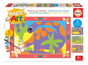 Maľovanie podľa čísiel Dinosaury Magic Art Number Dinosaurs Educa 3 obrázky s 5 farbami štetcom a paletou od 4 rokov