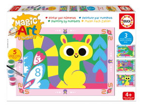 Pictură după numere Animăluțe Magic Art Number Animals Forest Educa 3 imagini cu 5 vopsele pensulă și paletă de la 4 ani